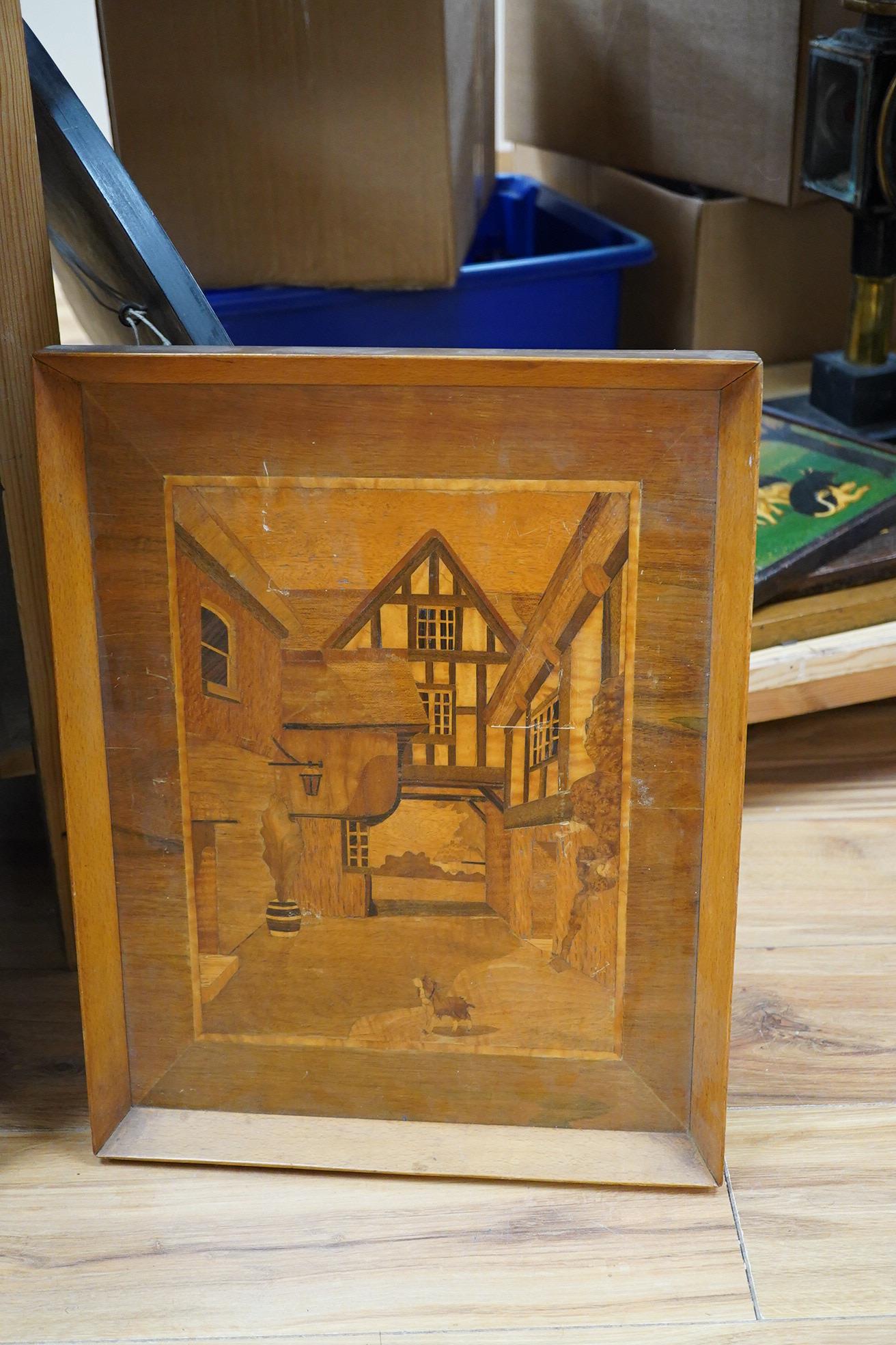 A large fan shaped wooden marquetry panel - 50cm high, a similar tray and two pictures, including three other similar pictures (6)